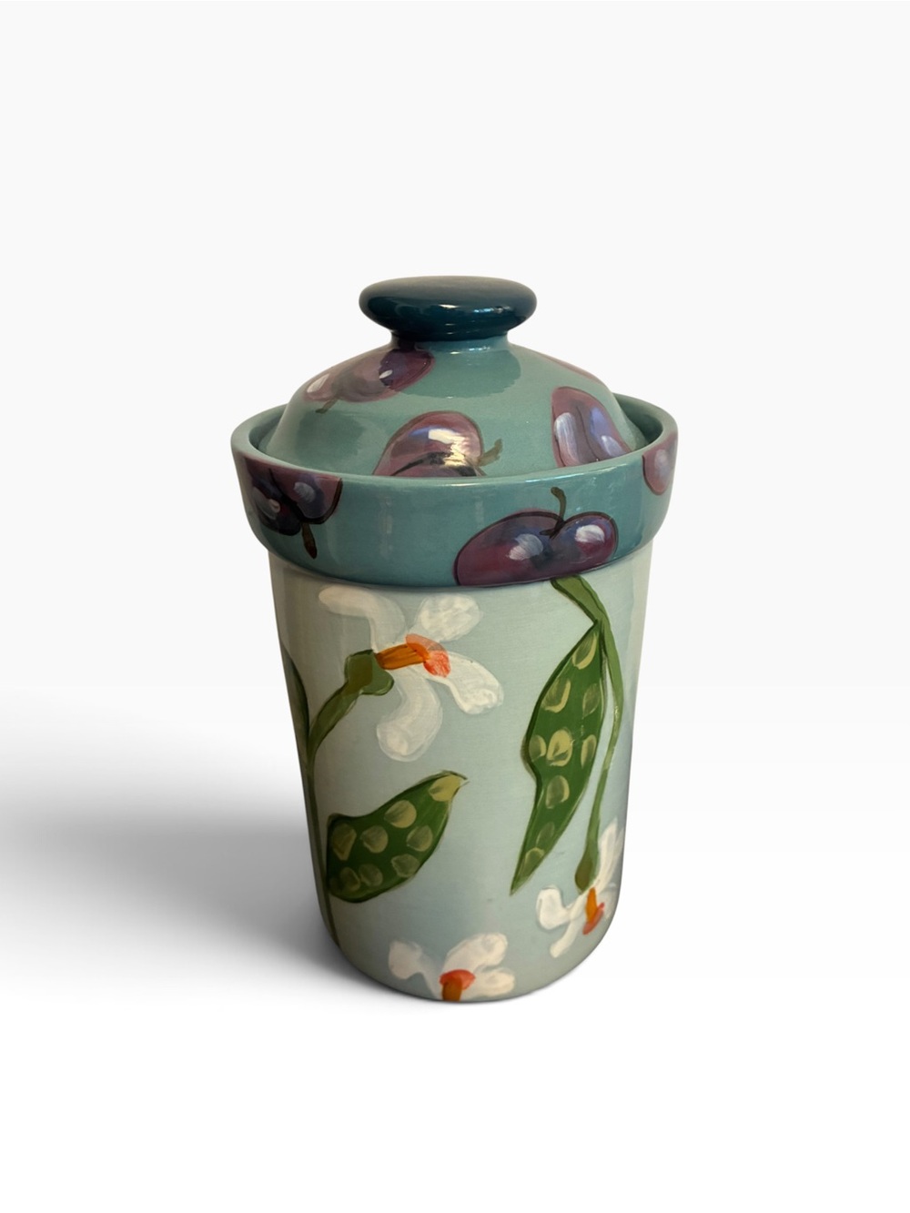 Dull Designs Hand Painted Ceramic Floral and Plum Lidded Canister Jar Blue